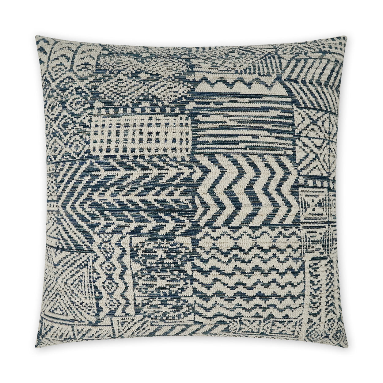 Blue and cream geometric patchwork pillow with woven textile patterns, decorative square throw pillow.