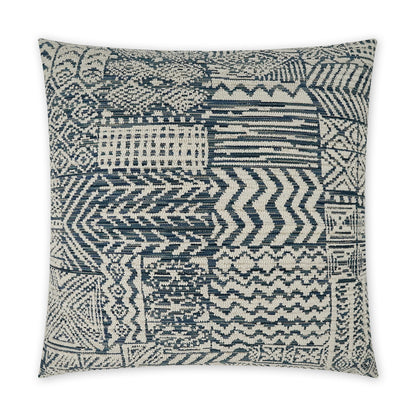 Blue and cream geometric patchwork pillow with woven textile patterns, decorative square throw pillow.