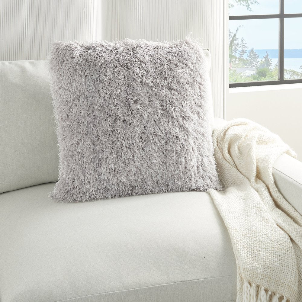 20" Light Gray Shag Accent Throw Pillow