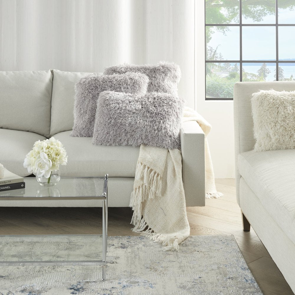 20" Light Gray Shag Accent Throw Pillow