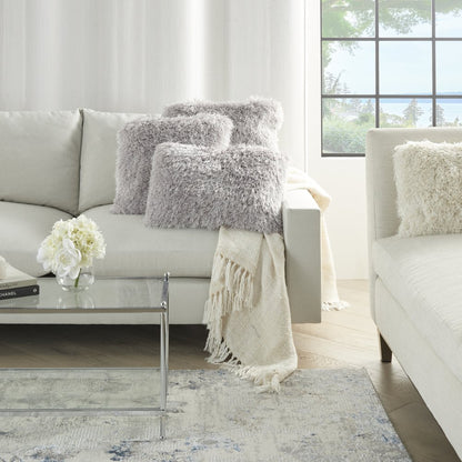 20" Light Gray Shag Accent Throw Pillow