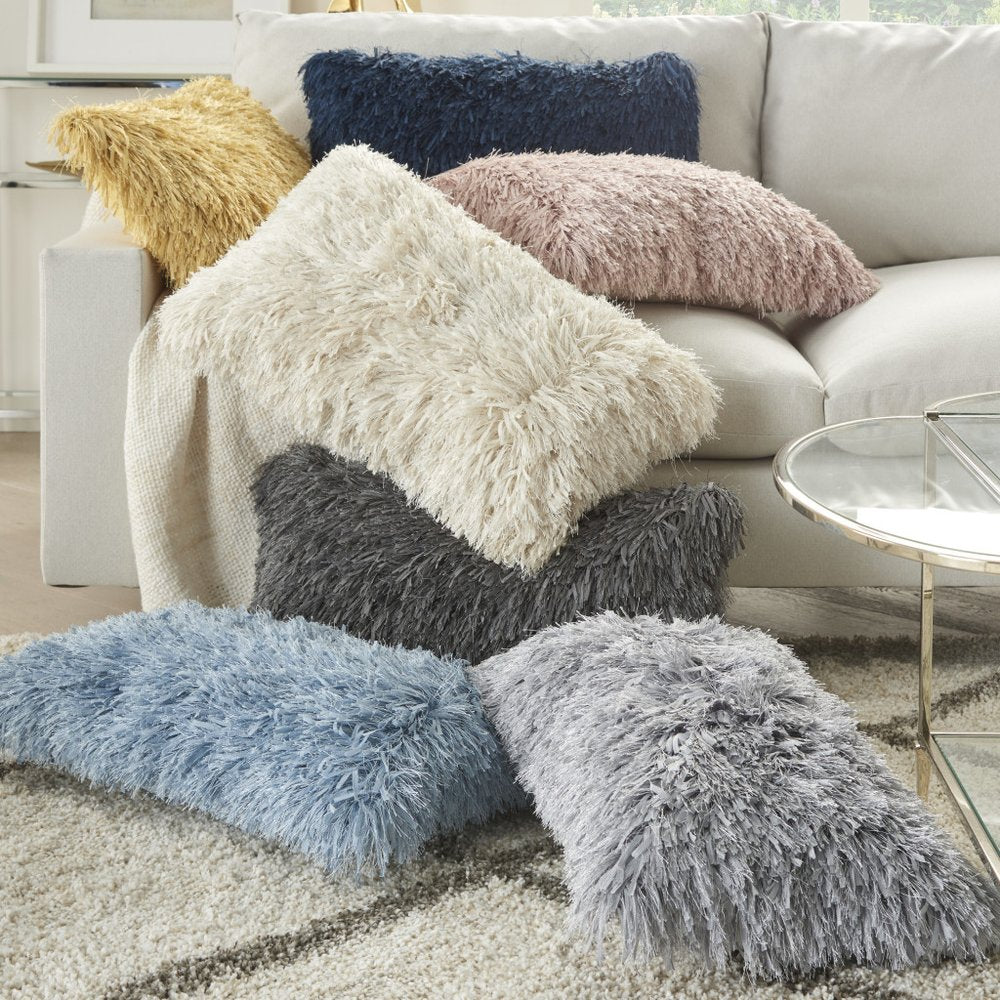 14" X 24" Long Ivory Shag Throw Pillow