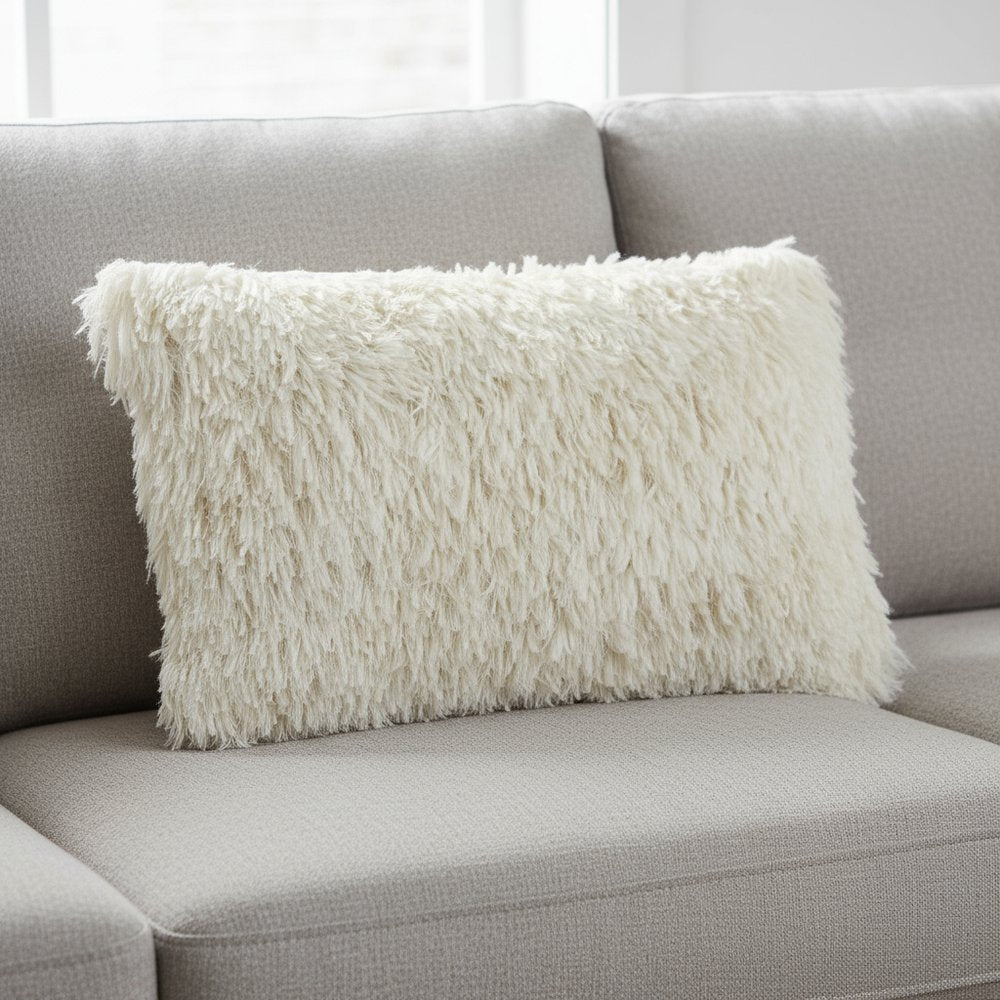 14" X 24" Long Ivory Shag Throw Pillow