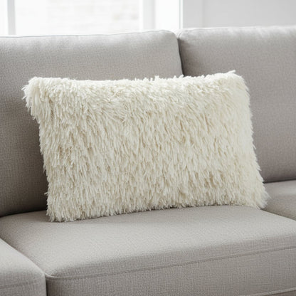 14" X 24" Long Ivory Shag Throw Pillow