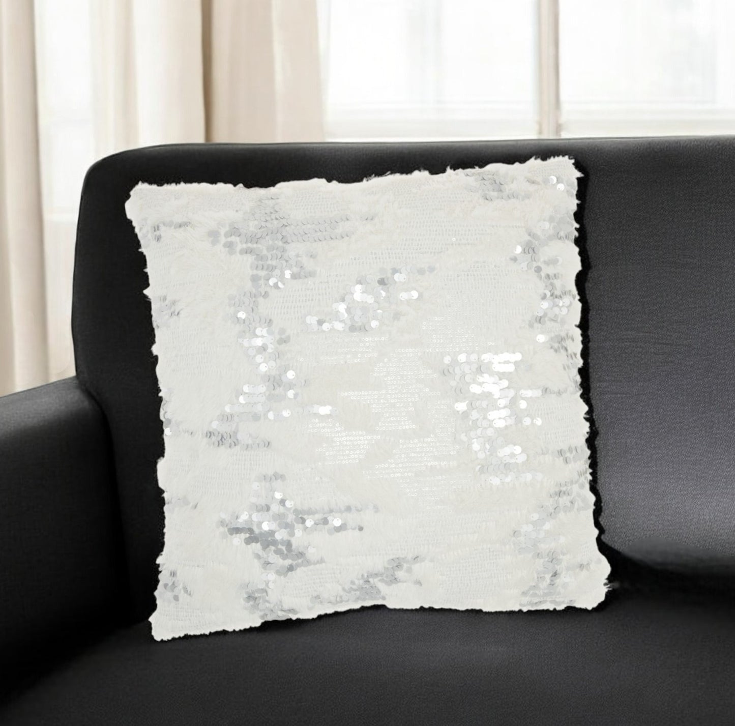 20" Sequined White Faux Fur Throw Pillow