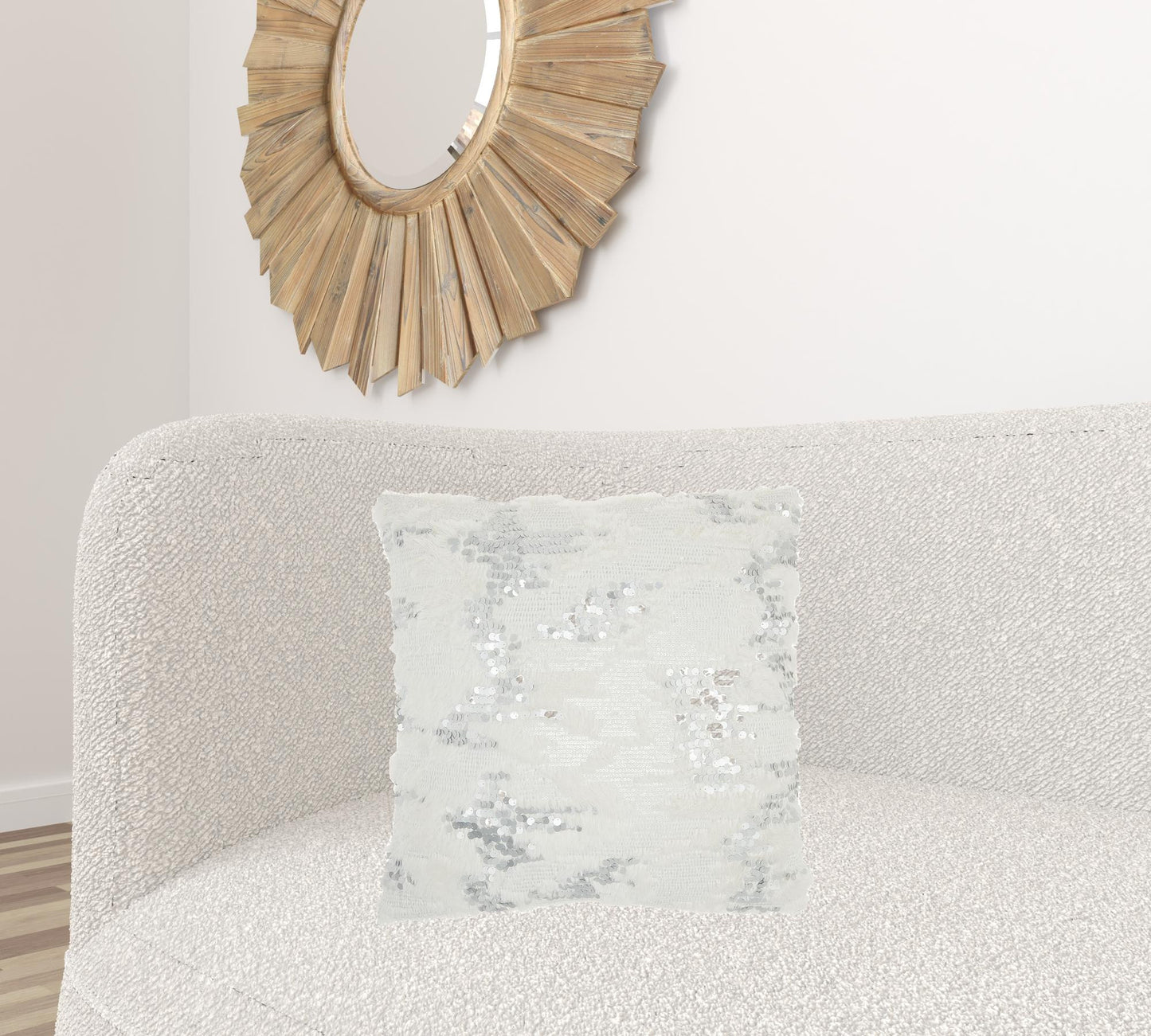 20" Sequined White Faux Fur Throw Pillow