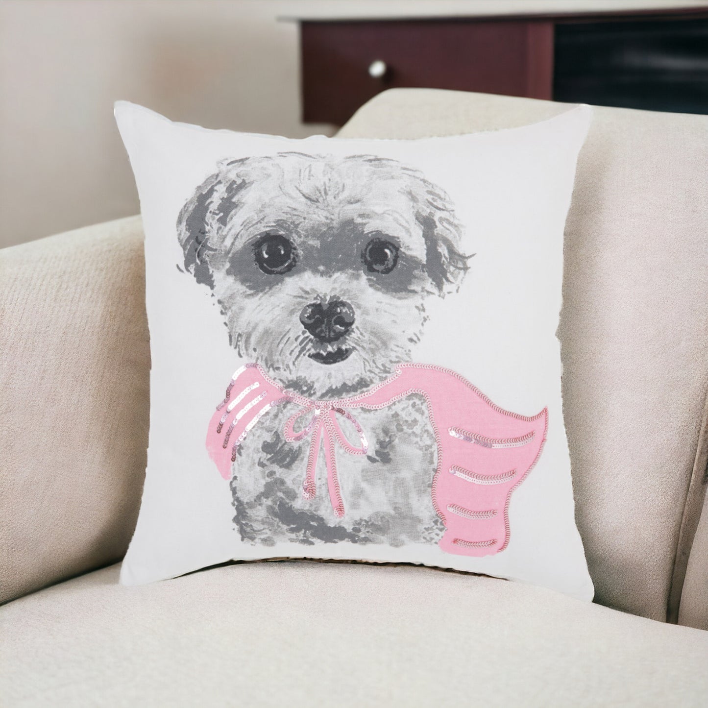 White And Pink Super Pup Throw Pillow