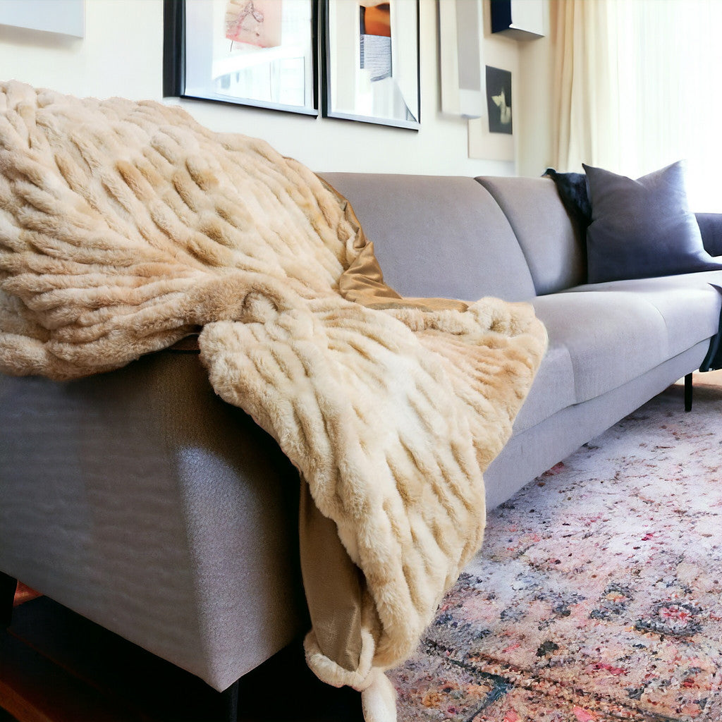 Chunky Sectioned Shades Of Beige Faux Fur Throw Blanket