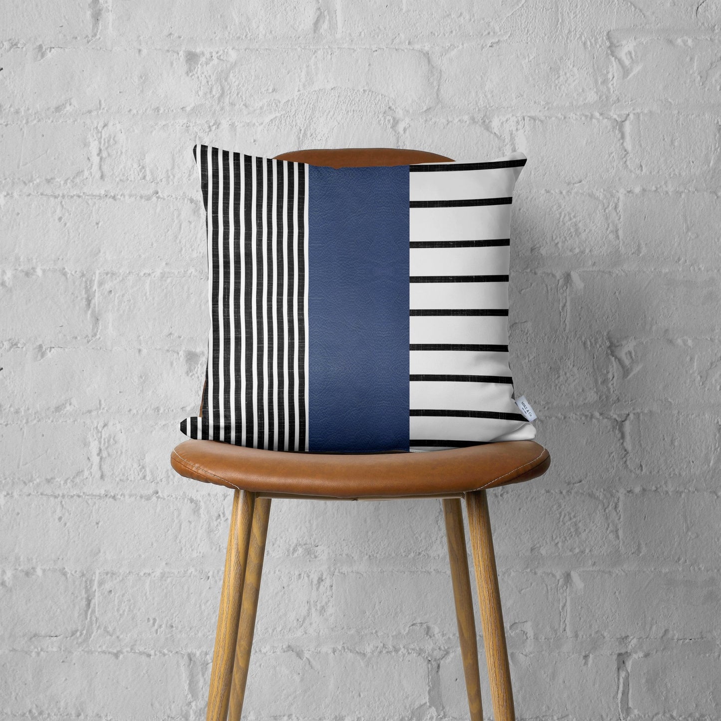 Traditional Navy Blue Faux Leather And Monochromatic Stripes Lumbar Pillow Cover