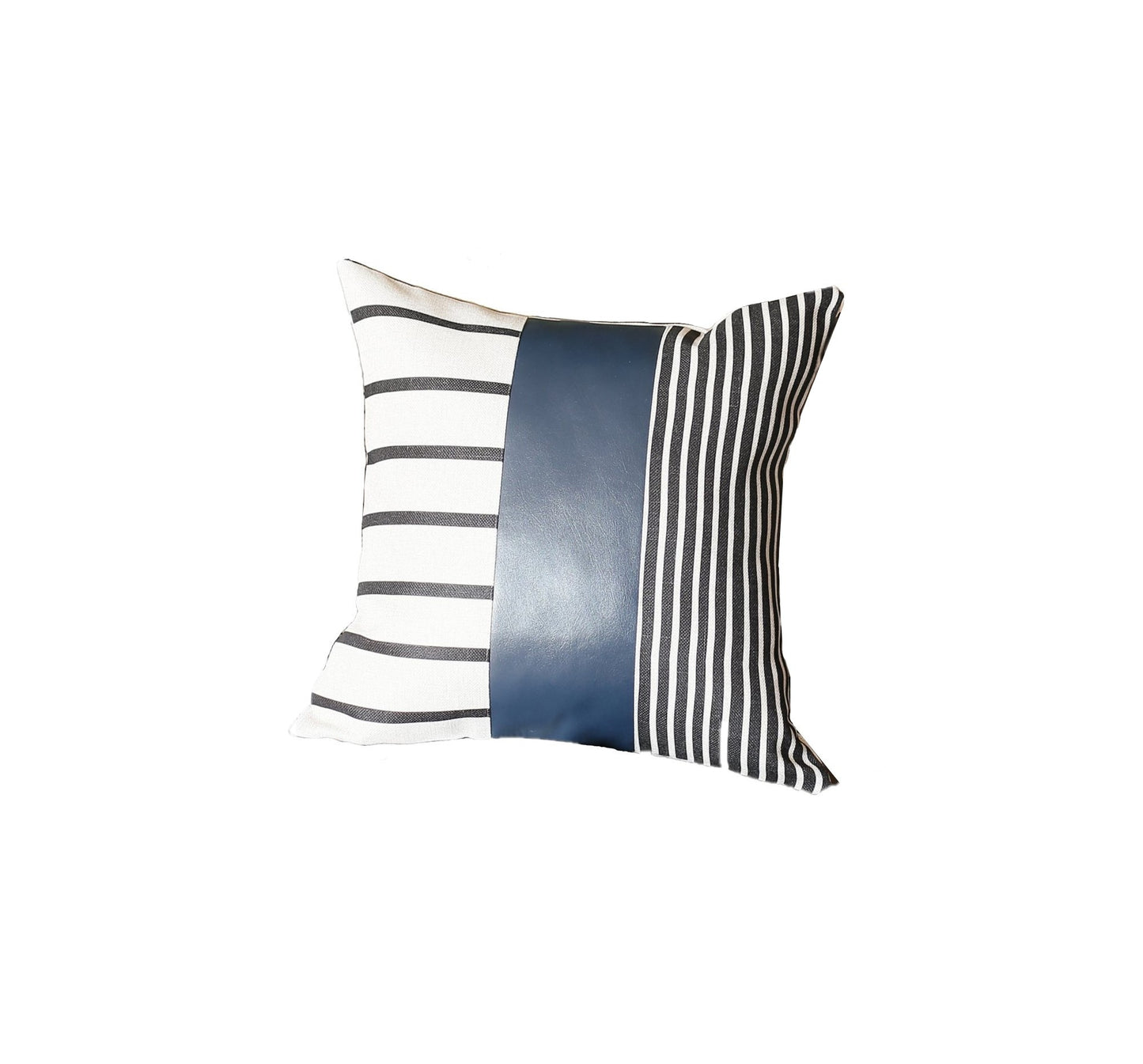 Traditional Navy Blue Faux Leather And Monochromatic Stripes Lumbar Pillow Cover