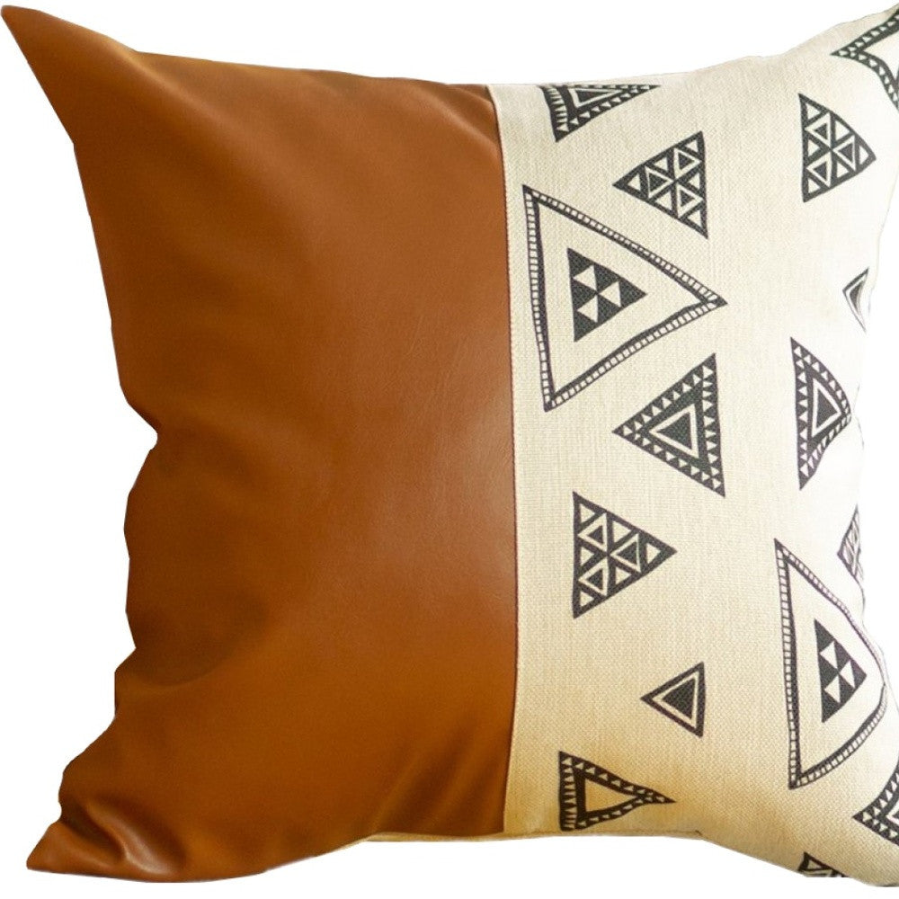 Playful Triangle And Brown Faux Leather Pillow Cover