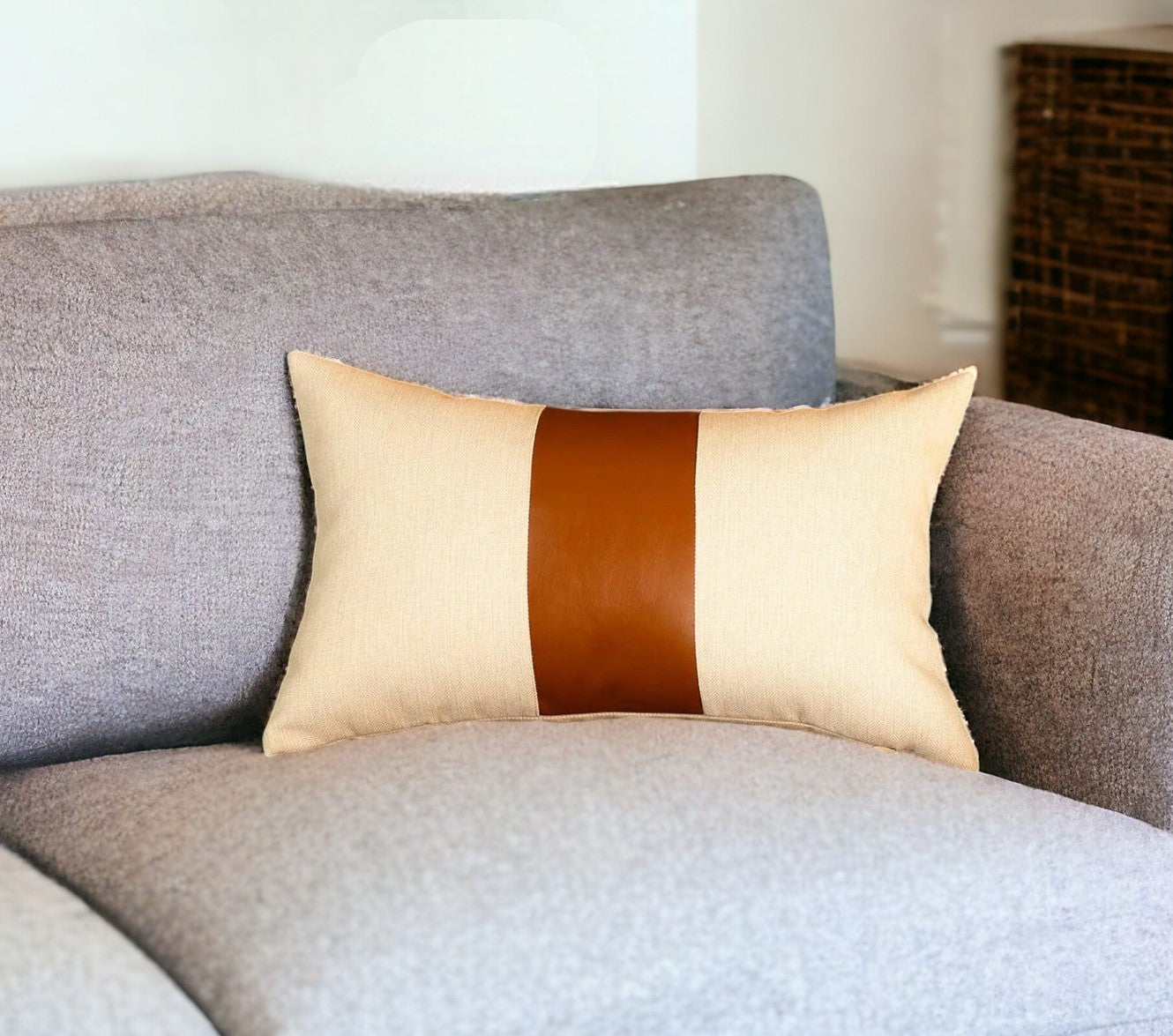 12" X 20" Brown and White Faux Leather Throw Pillow Cover