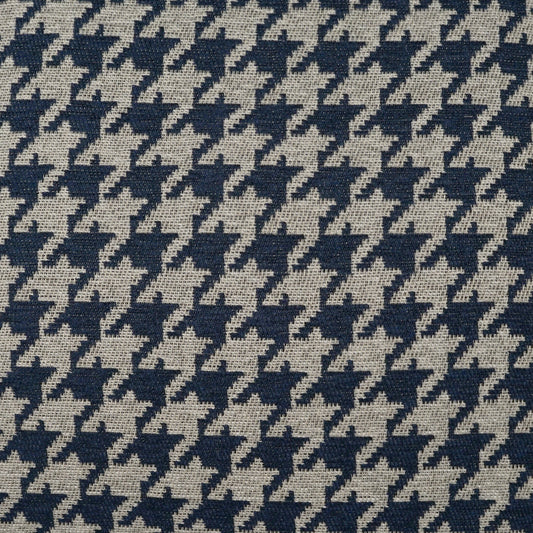 Navy & beige houndstooth woven fabric, classic textile pattern suitable for upholstery or garments.