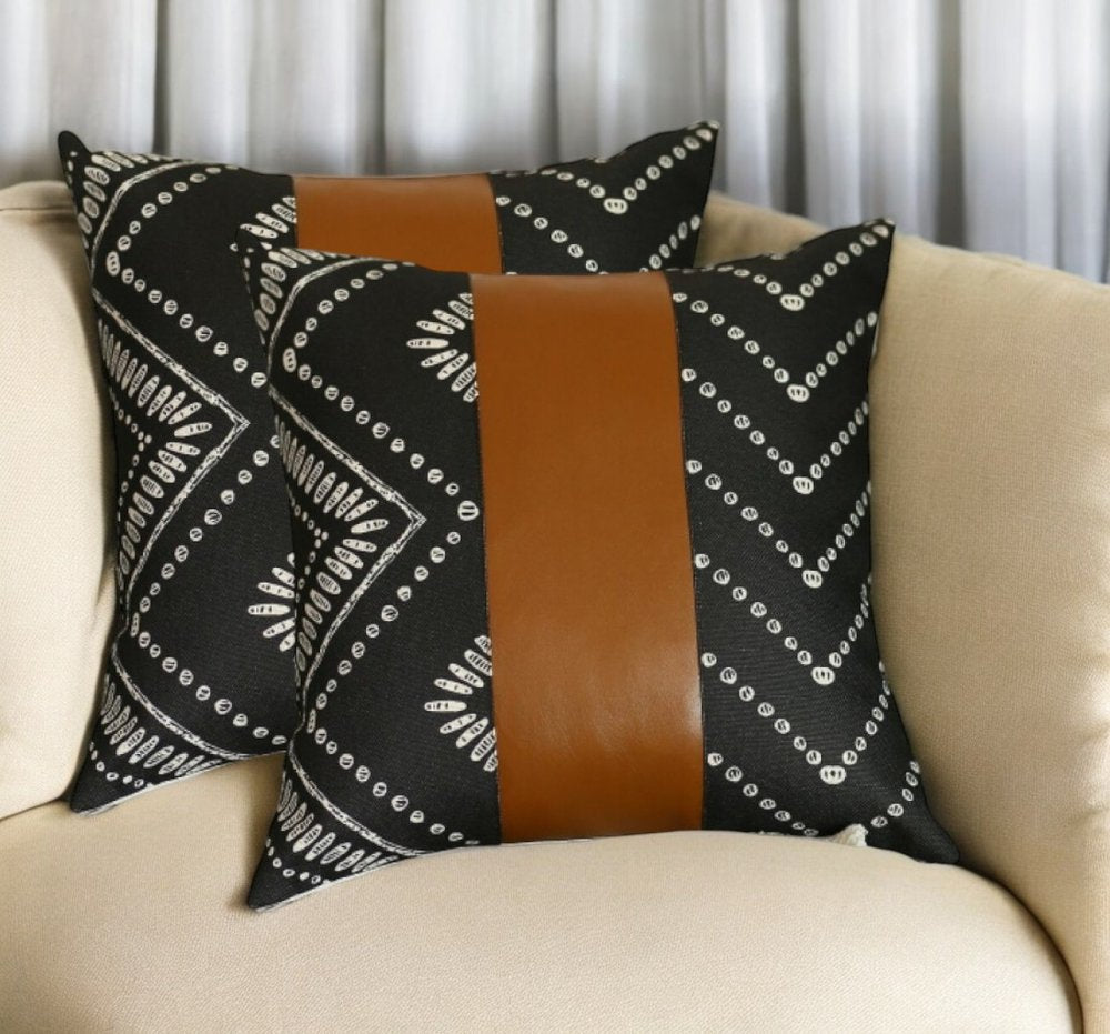Set of Two 17" Black White And Brown Geometric Faux Leather And Fabric Throw Pillow Covers