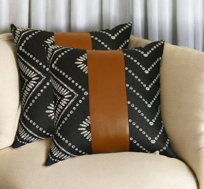 Set of Two 17" Black White And Brown Geometric Faux Leather And Fabric Throw Pillow Covers