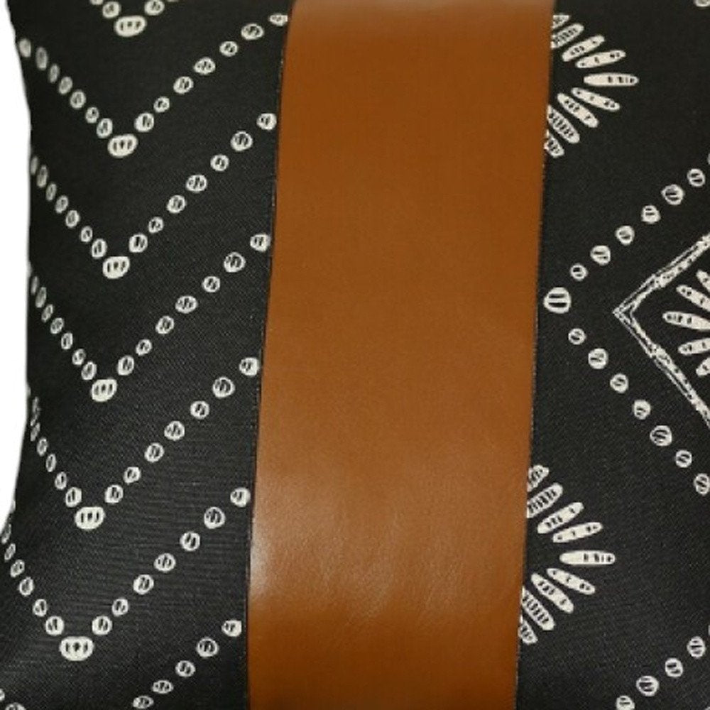Set of Two 17" Black White And Brown Geometric Faux Leather And Fabric Throw Pillow Covers