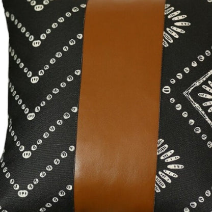Set of Two 17" Black White And Brown Geometric Faux Leather And Fabric Throw Pillow Covers