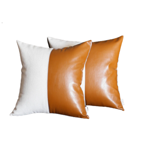 Set Of 2 Bichrome Pearl White And Rustic Brown Faux Leather Pillow Covers