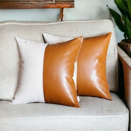 Set Of 2 Bichrome Pearl White And Rustic Brown Faux Leather Pillow Covers