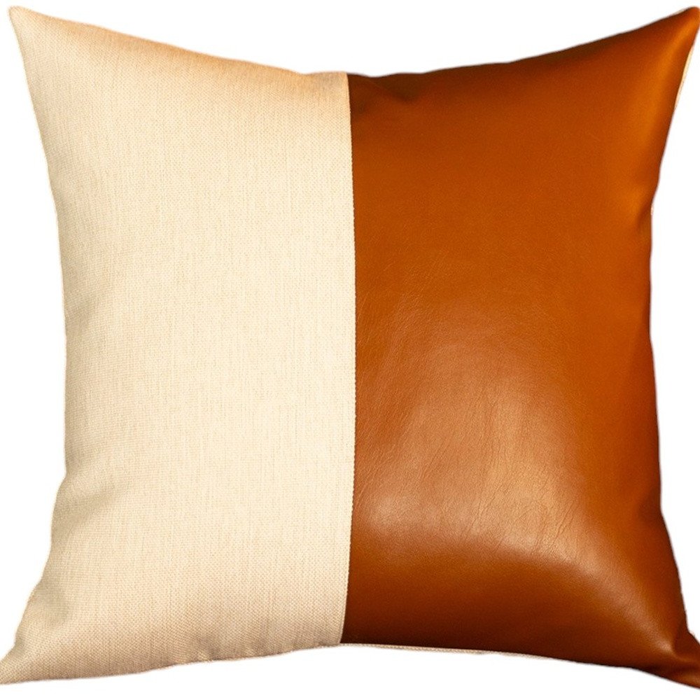 Set of Two 17" Brown And White Faux Leather Throw Pillow Covers
