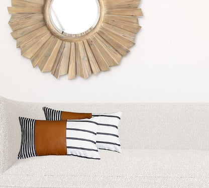 Set Of 2 Striped And Bright Brown Faux Leather Lumbar Pillow Covers