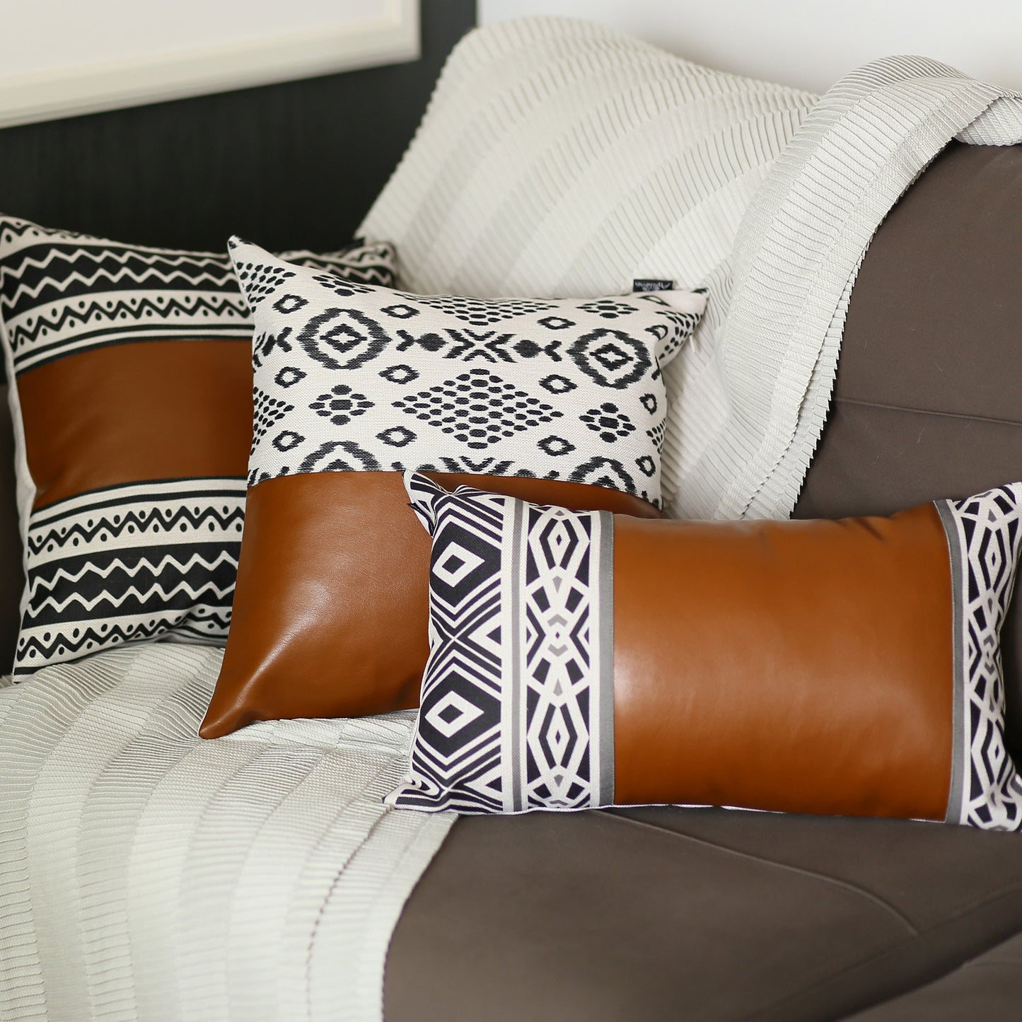 Set Of 2 Semi Brown Faux Leather And Eclectic Geometric Patterns Pillow Covers