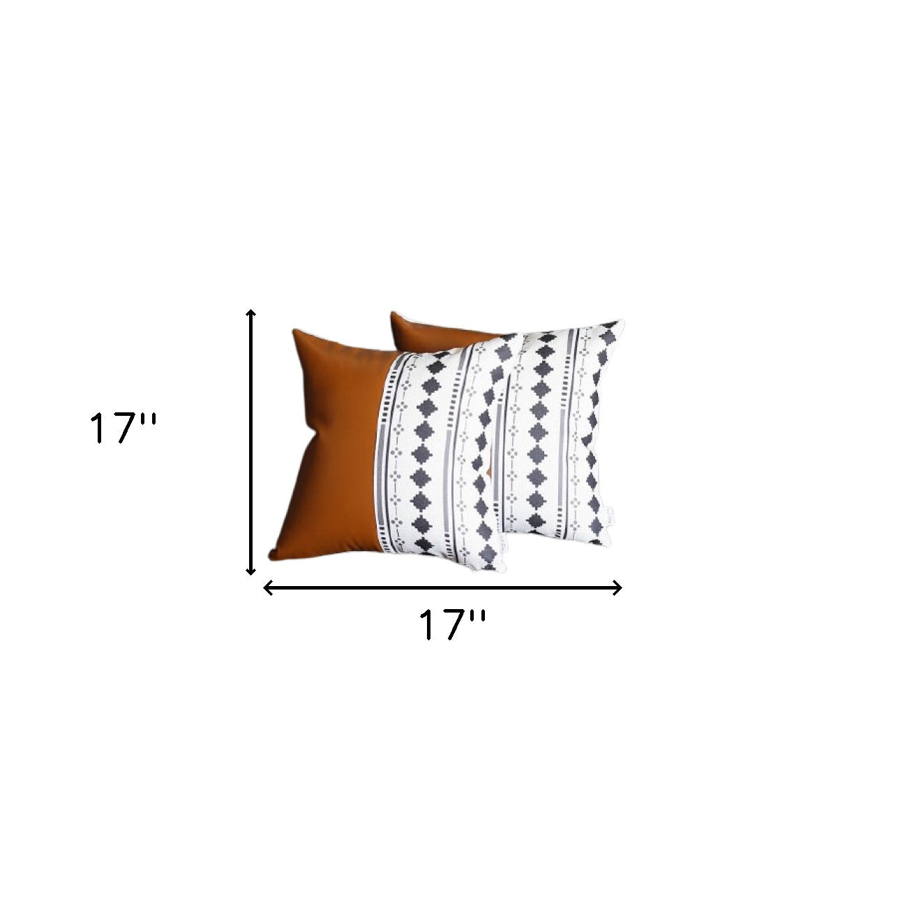 Set Of 2 Half Diamond Patterns And Rustic Brown Faux Leather Lumbar Pillow Covers