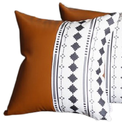 Set of Two 17" Brown And White Faux Leather Throw Pillow Covers