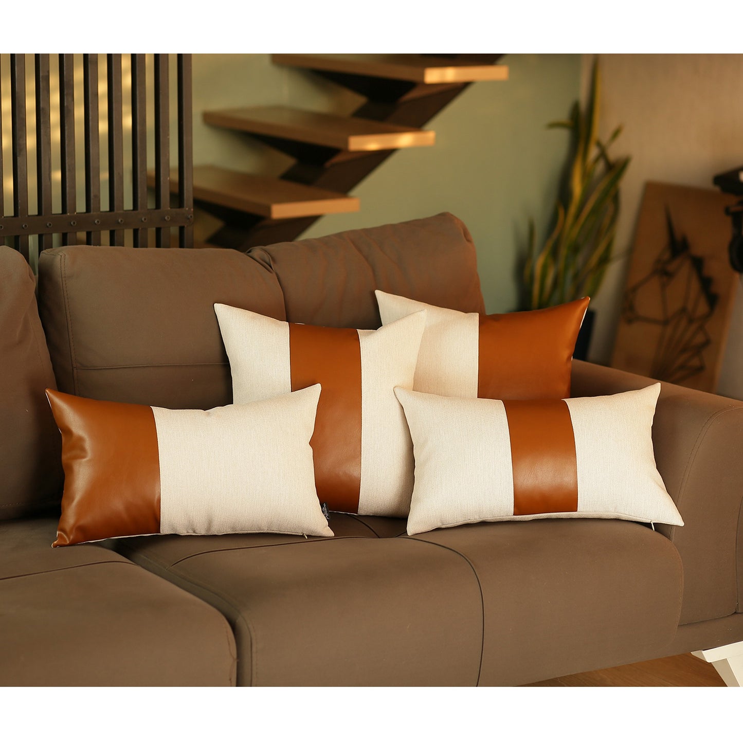 Set Of 2 Porcelain White And Center Caramel Brown Faux Leather Pillow Covers