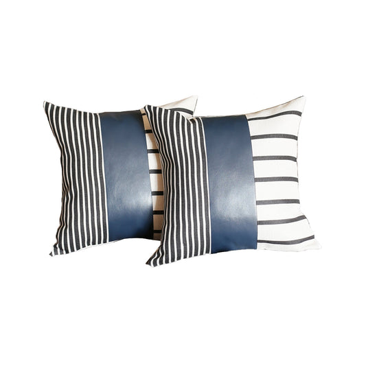 Set of Two 17" Navy Blue Geometric Faux Leather Throw Pillow Cover