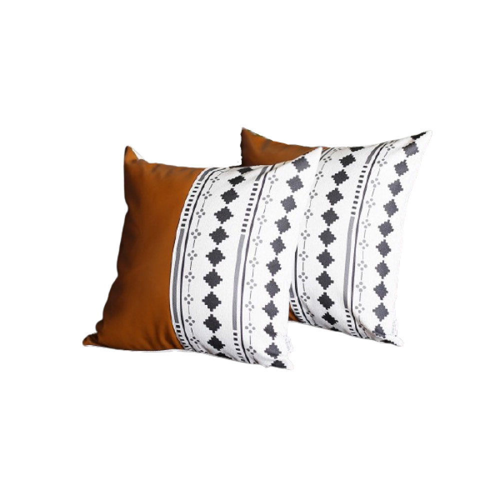 Set of Two 20" Brown and White Faux Leather Throw Pillow Cover