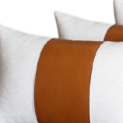 Set of Four 12" X 20" Brown And White Faux Leather Throw Pillow Covers