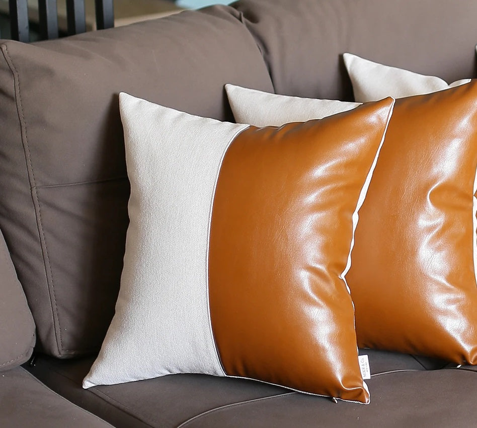 Set Of 4 Brown And White Pearl With Faux Leather Lumbar Pillow Covers