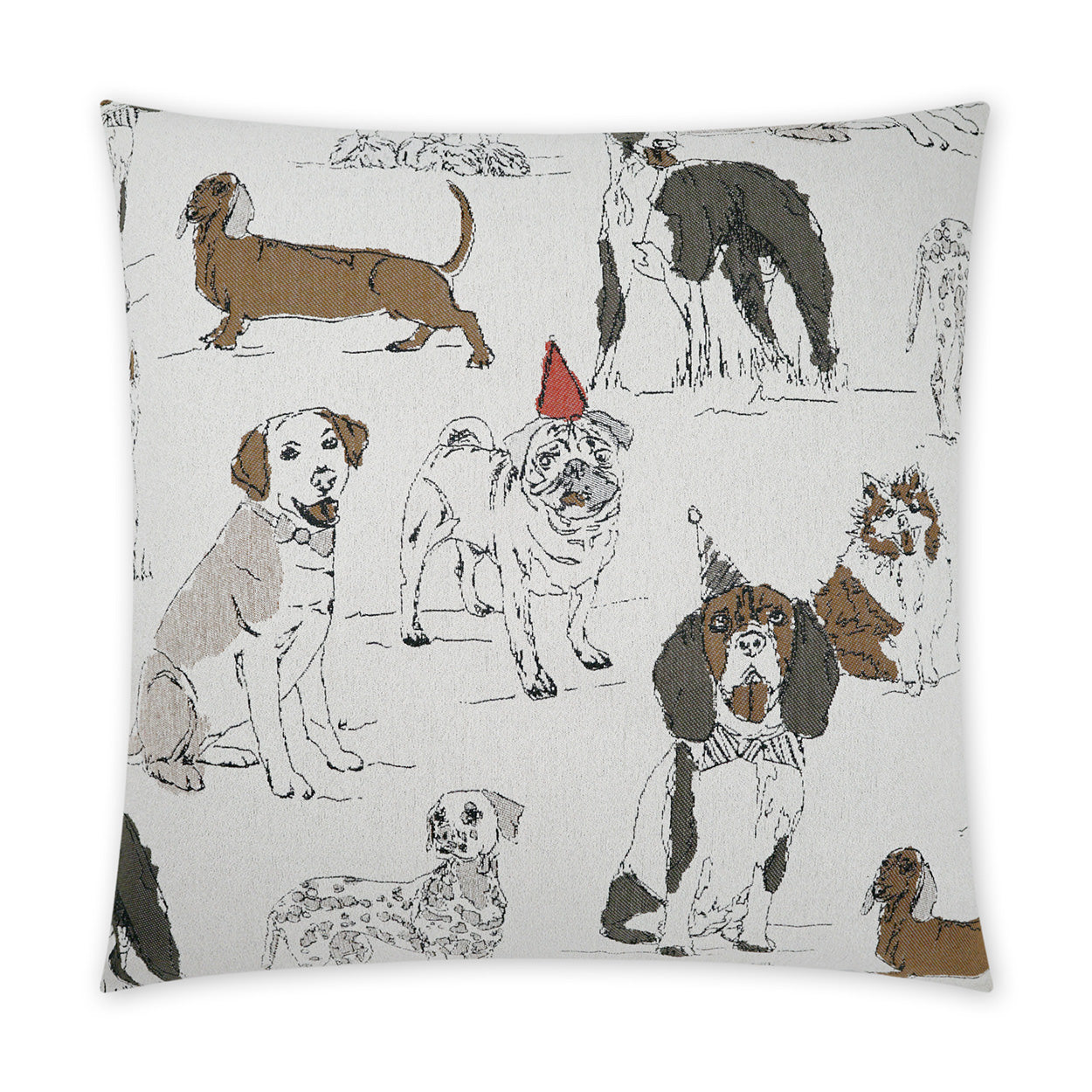 Decorative throw pillow with an all-over hand-drawn dog sketch print in neutral beige, brown, and black.