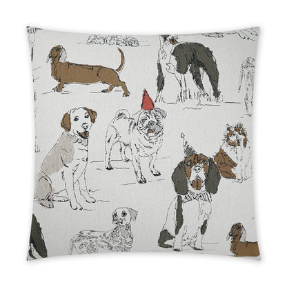 Decorative throw pillow with an all-over hand-drawn dog sketch print in neutral beige, brown, and black.