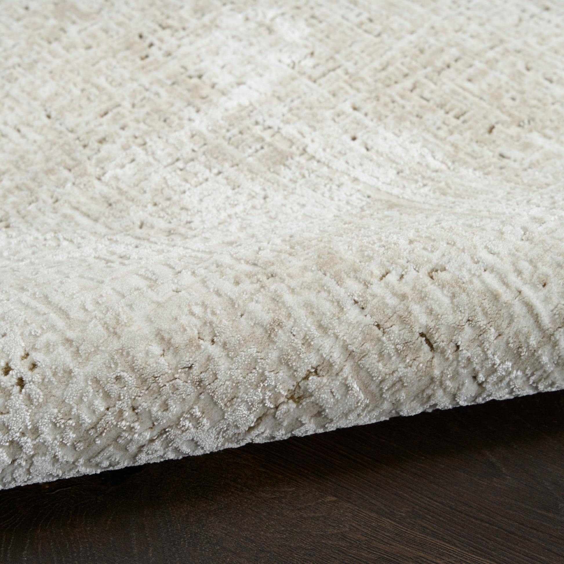 Beige textured rug with subtle geometric pattern, plush pile, folded edge on dark wood floor.