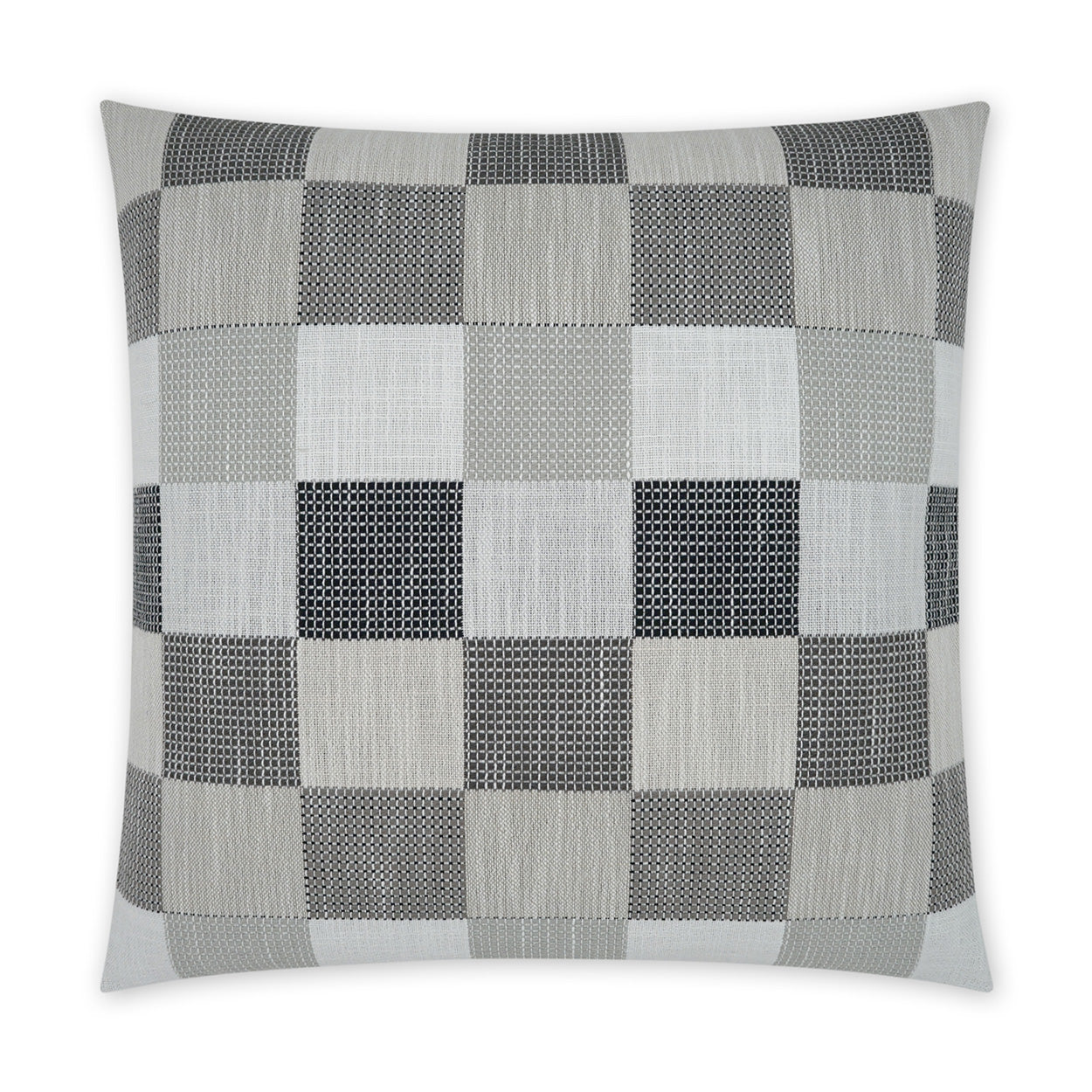 Square decorative pillow featuring grayscale checkerboard patchwork with varied textured fabrics.