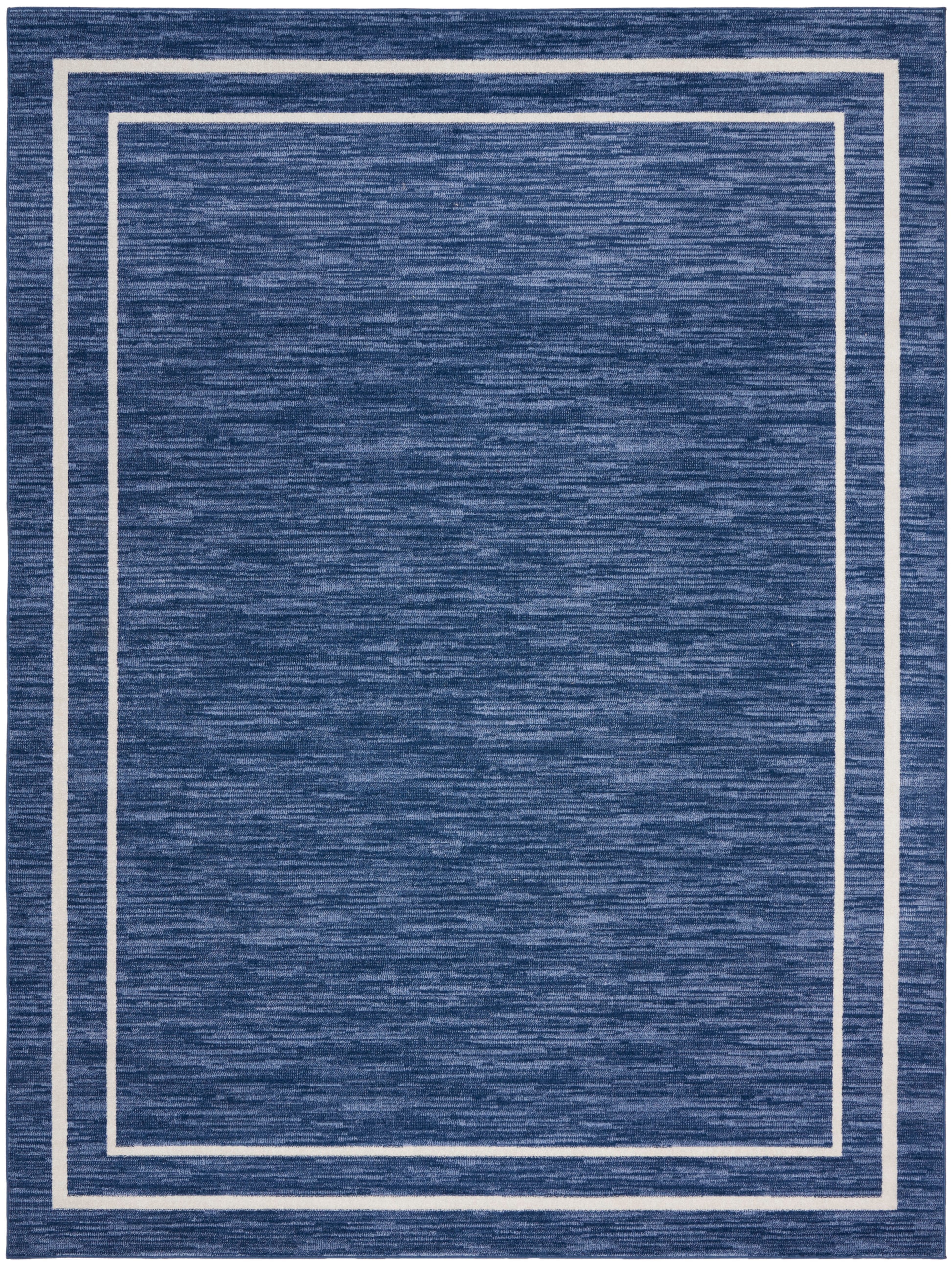 Blue heathered rectangular rug with double cream borders framing the center