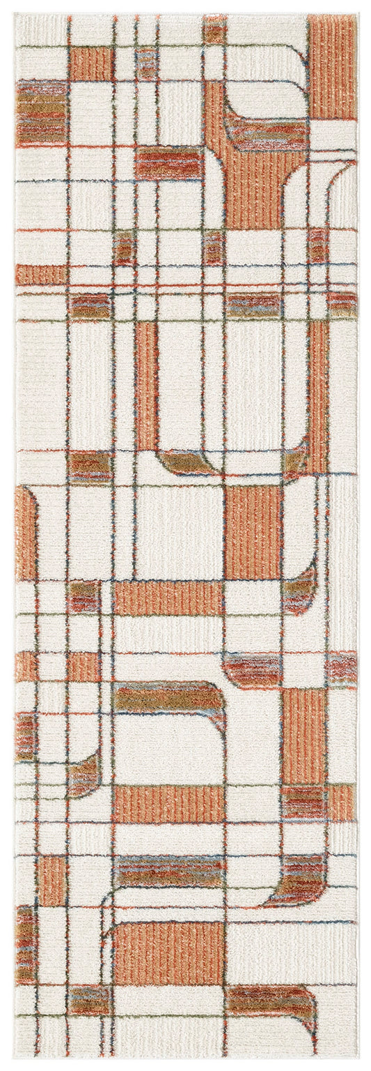 Cream mid-century modern 6' runner rug with rust-orange plaid grid and blue accents; soft plush pile, geometric design.