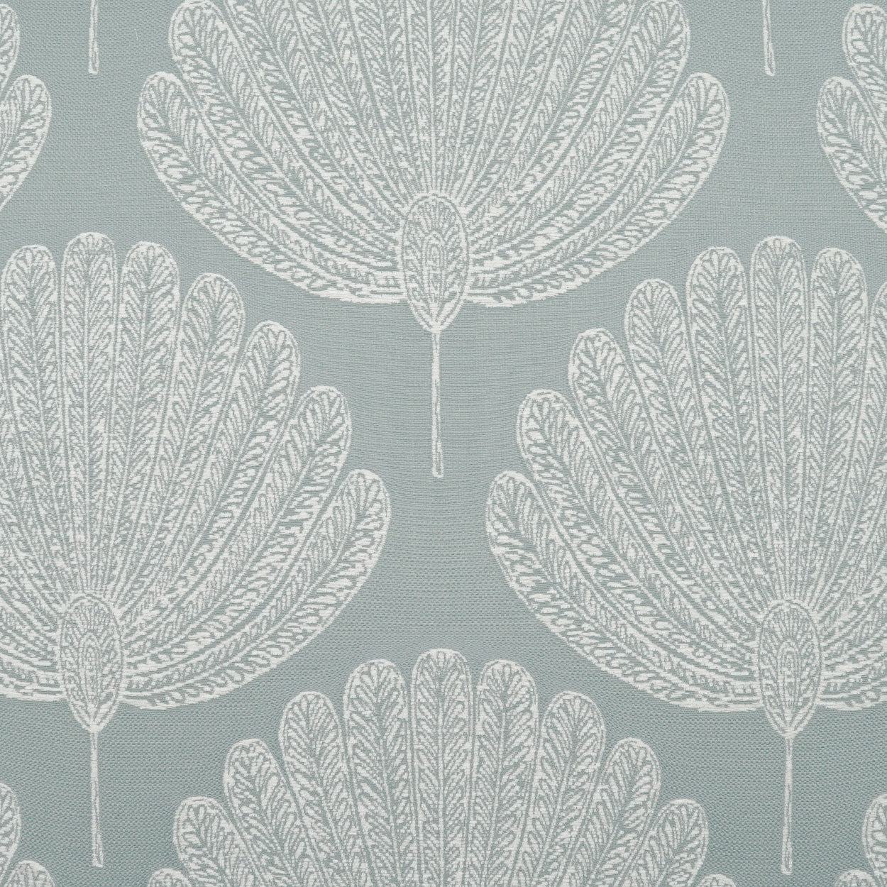 Teal-blue fabric with repeating white palm/fan botanical motifs; bold, elegant print for upholstery or drapery.