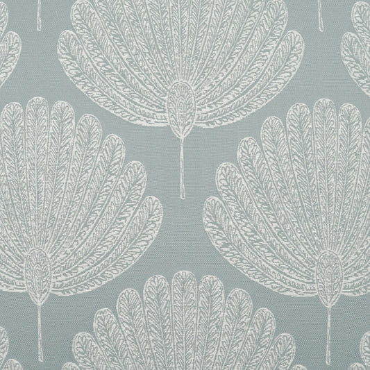 Teal-blue fabric with repeating white palm/fan botanical motifs; bold, elegant print for upholstery or drapery.