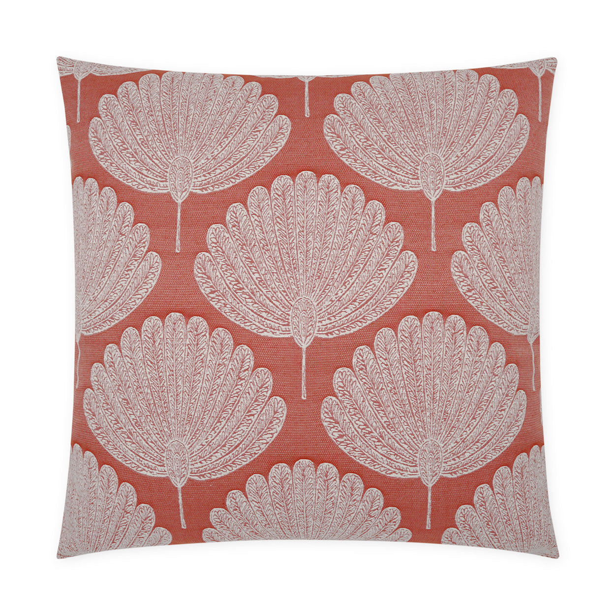 Square throw pillow with burnt orange background and cream fan-shaped leaf pattern repeating across.