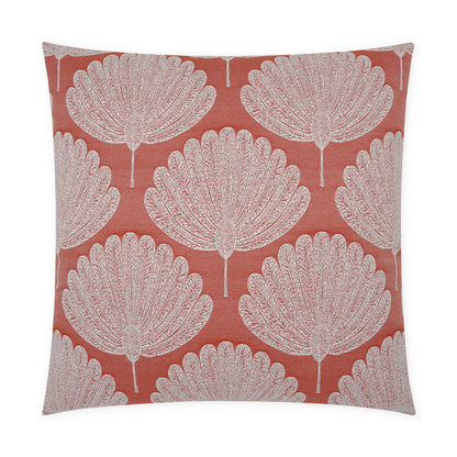 Square throw pillow with burnt orange background and cream fan-shaped leaf pattern repeating across.