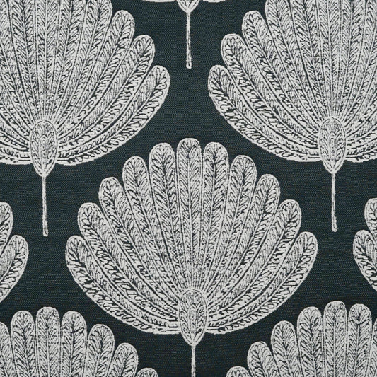 Dark teal fabric with a repeating white palm-fan botanical pattern; bold, elegant textile for upholstery or curtains.