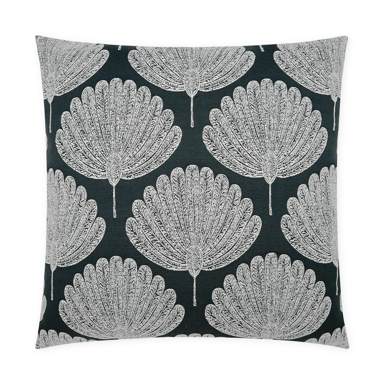 Square throw pillow with Ebony background and repeating silver-gray floral motifs.