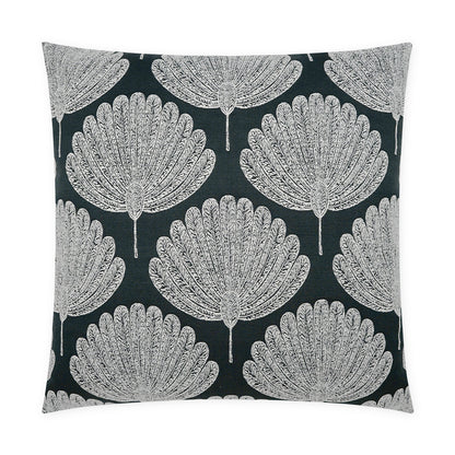 Square throw pillow with Ebony background and repeating silver-gray floral motifs.
