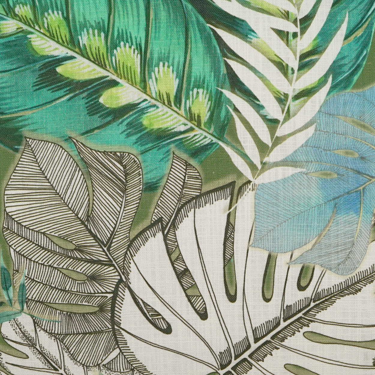 Tropical leaf print fabric with large monstera & palm leaves in greens & teals on a textured beige background.