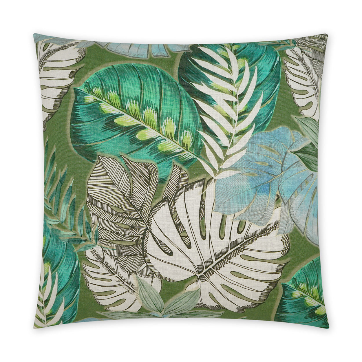 Square throw pillow with tropical leaf print featuring monstera and palm leaves in greens, teals, and blues on an olive background.