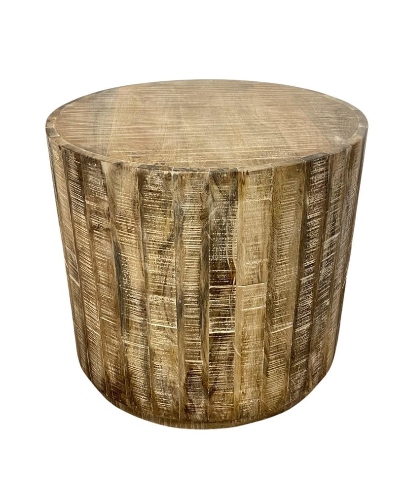 20" Natural Distressed Solid Wood Round Drum End Table