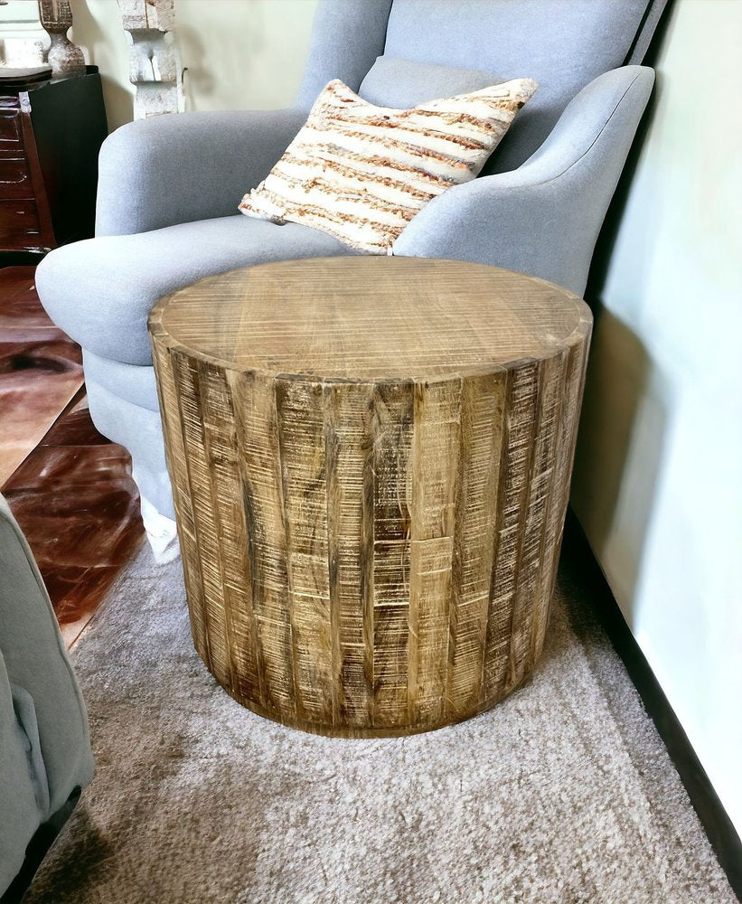 20" Natural Distressed Solid Wood Round Drum End Table